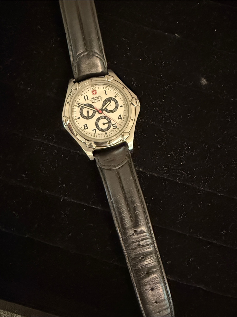 Wenger Black Leather Strap Silver-Tone Chronograph Watch